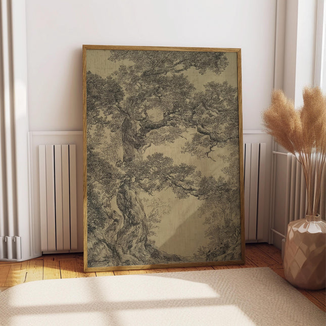 Pine Tree Artwork, Vintage Woodland Sketch Print, Ancient Japanese Inspired Nature Poster, Zen Forest Decor, Moody Botanical Wall Art