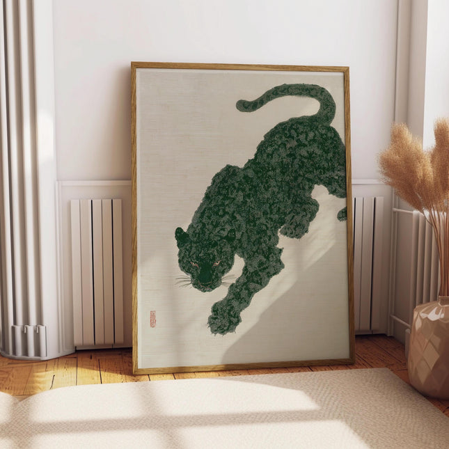 Japanese Panther Print, Japanese Wall Art, Asian Inspired Animal Poster, Vintage Ukiyo-e Wall Art, Black Panther Decor, Teal Green Art