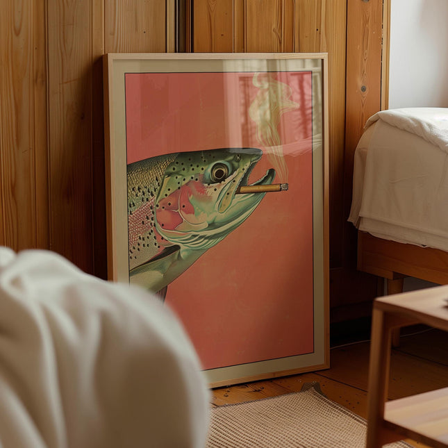 Trout Smoking a Cigarette Vintage Poster Art Funny Retro Whimsical Print Cabin Wall Decor Outdoor Sports Fisherman Illustration Gift for Dad