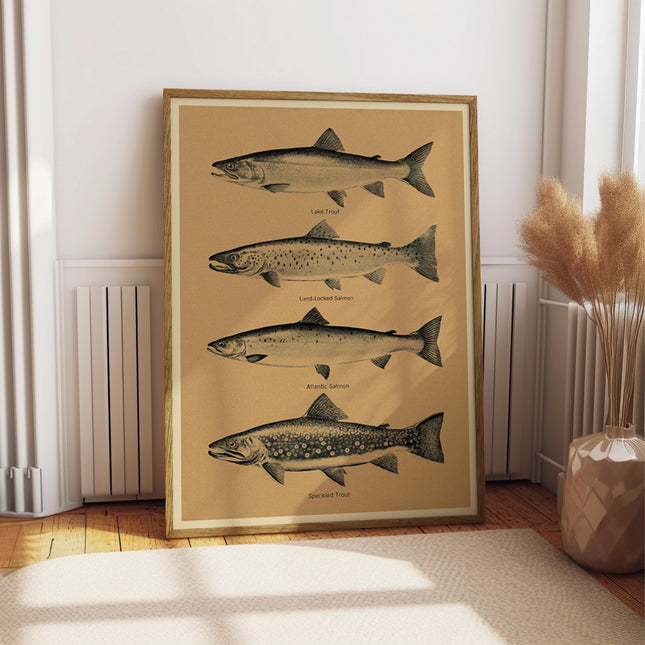 Trout and Salmon Vintage Fly Fishing Poster Art Retro Cabin Wall Decor Outdoor Sports Fisherman Illustration Father's Day Gift for Dad