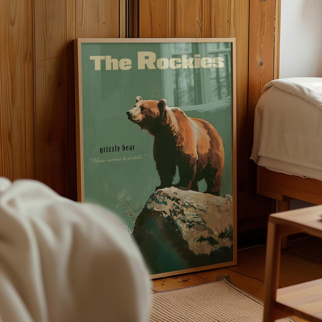 Vintage Grizzly Bear Print Retro Hunting Poster Outdoors Poster Travel Poster Cabin Cottage Wall Art Rocky Mountains Sports Dad For him Gift