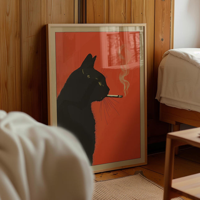 Black Cat Smoking a Cigarette Vintage Poster Art Retro Whimsical Print Funny Animal Wall Decor Poster for Bar Cart Quirky Kitchen Wall Art