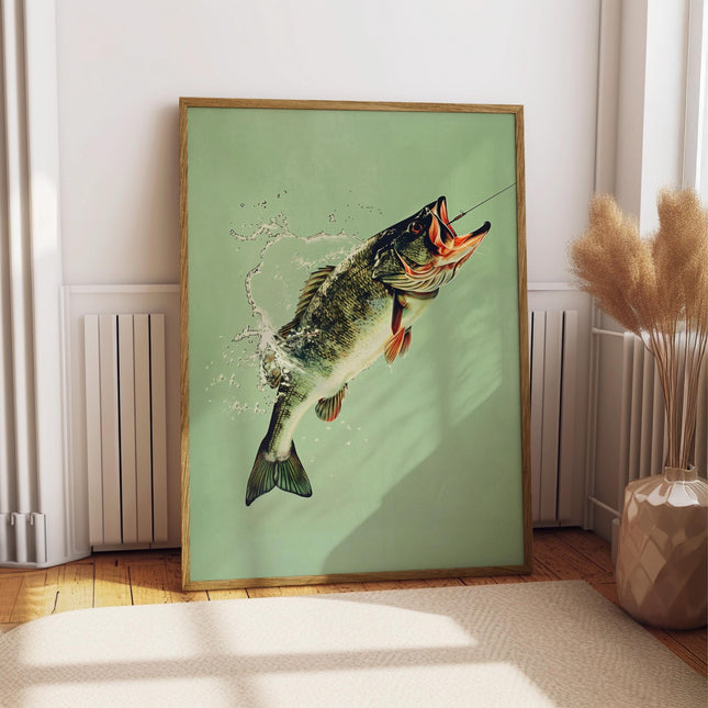 Vintage Bass Fishing Poster Art Cabin Wall Decor Outdoor Sports Angler Fisherman Illustration Father's Day Gift for Dad