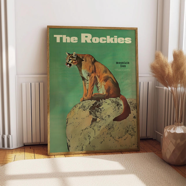 Vintage Mountain Lion Print, Retro Outdoors Poster, Cougar Poster, Cabin Cottage Wall Art, Outdoor Sports, Dad For him Gift, Rocky Mountains