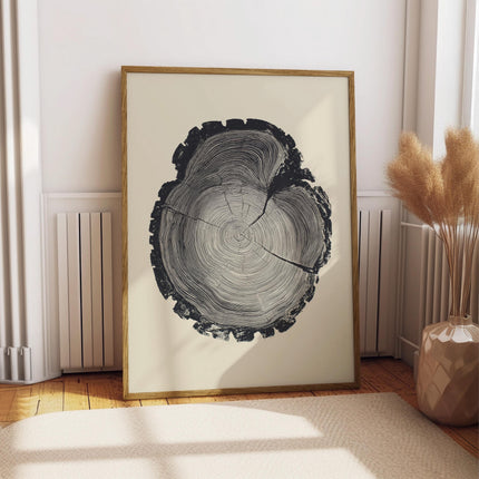 Tree Ring Art Print, Black & White Woodcut Style Wall Art, Nature Minimalist Decor, Botanical Nordic Poster, Rustic Modern Home Artwork