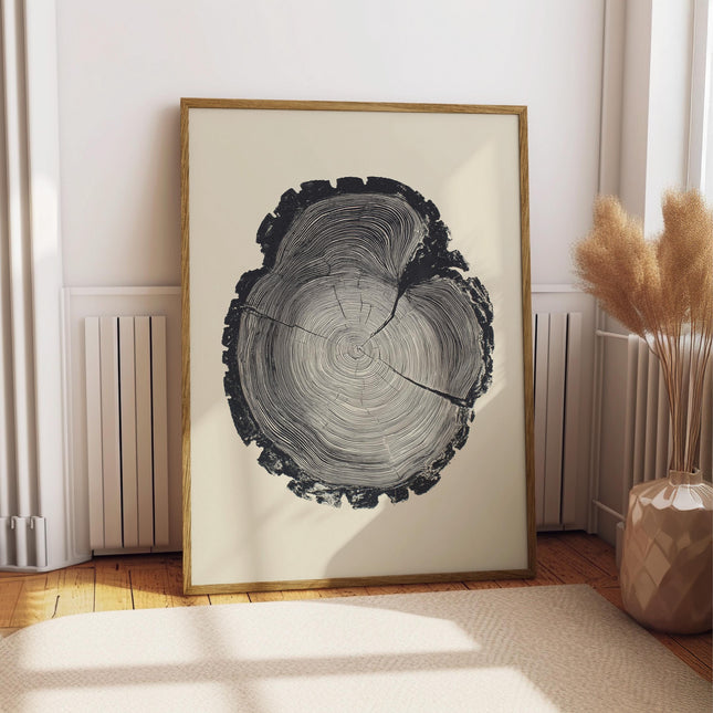 Tree Ring Art Print, Black & White Woodcut Style Wall Art, Nature Minimalist Decor, Botanical Nordic Poster, Rustic Modern Home Artwork