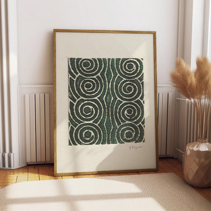 Abstract Japanese Woodblock Pattern Art Print, Green Geometric Spiral Poster, Woodblock Wave Print, Minimalist Zen Wall Art, Wabi Sabi Decor