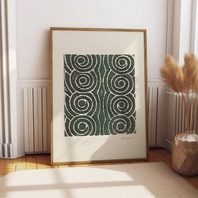 Abstract Japanese Woodblock Pattern Art Print, Green Geometric Spiral Poster, Woodblock Wave Print, Minimalist Zen Wall Art, Wabi Sabi Decor