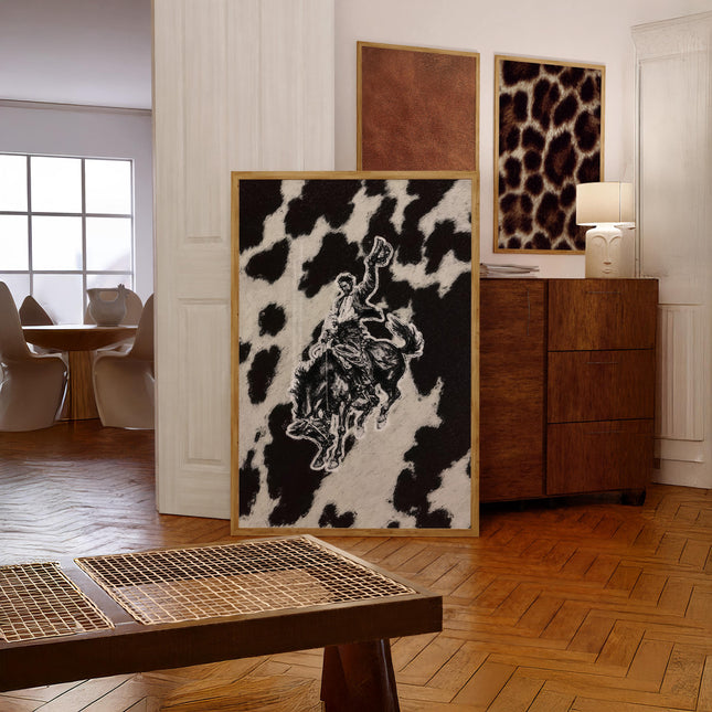 Modern Western Art Print, Black & White Cowboy Painting Collage, Cowhide Pattern Poster, Ranch Art, Vintage Magazine Style Decor