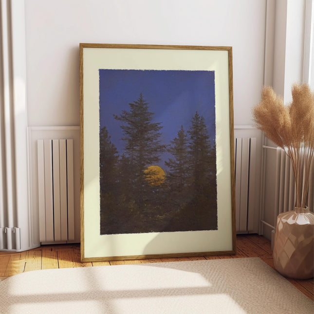 Moonrise Over Forest Wall Art Print, Night Sky Landscape Poster, Moon Oil Painting, Vintage Fine Art Nature Decor, Moody Bedroom Art