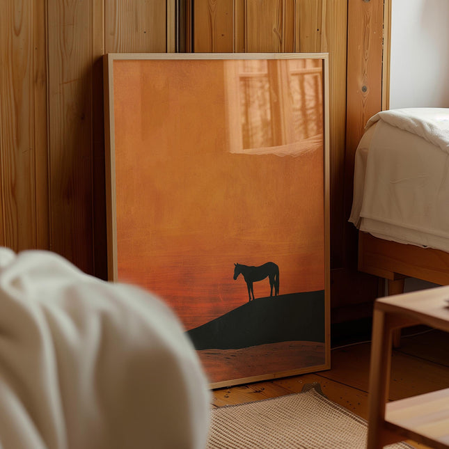 Lone Wild Horse Minimalist Western Poster, Vintage Western Boho Art, Sonoran Desert Arizona Print, Terracotta Sunset, Retro Cowboy Cowgirl