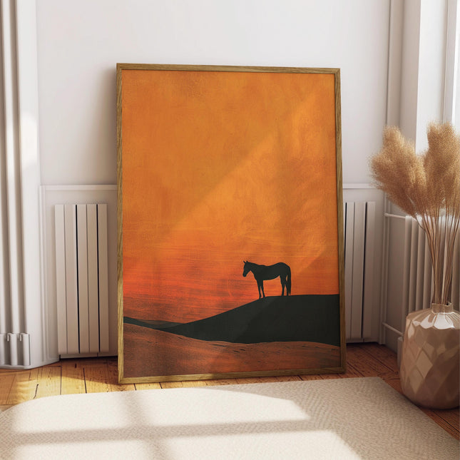 Lone Wild Horse Minimalist Western Poster, Vintage Western Boho Art, Sonoran Desert Arizona Print, Terracotta Sunset, Retro Cowboy Cowgirl