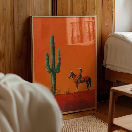 Cowgirl Minimalist Boho Western Illustration, Vintage Southwestern Boho Art, Cowboy Wall Print, Terracotta Sunset, Retro Cowboy Cowgirl Art