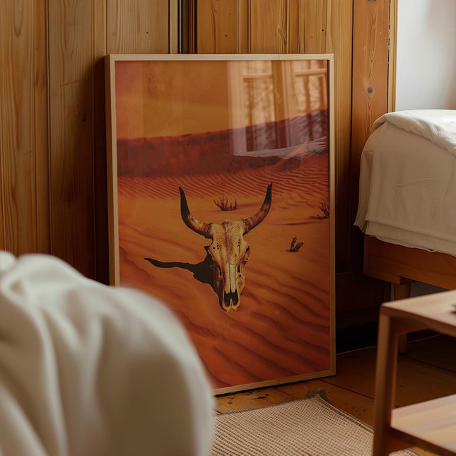 Vintage Cow Skull Western Art Print Retro Cowboy Cowgirl Art Southwestern Boho Art Sonoran Desert Arizona Print Terracotta Orange Sunset