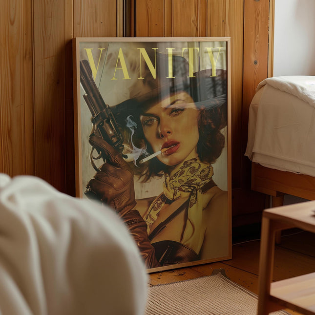Vintage Cowgirl With a Gun Poster Retro Woman Smoking a Cigarette Wall Art Badass Bestie Eclectic Wall Art Funny Retro Wall Decor