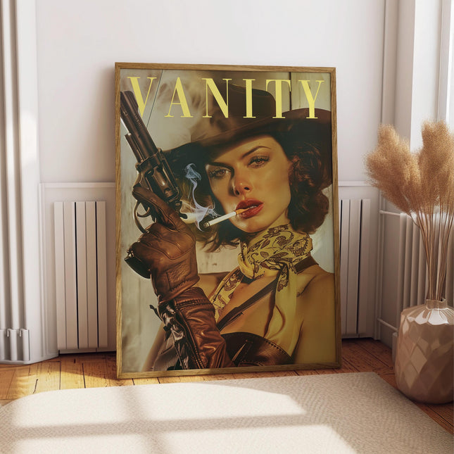 Vintage Cowgirl With a Gun Poster Retro Woman Smoking a Cigarette Wall Art Badass Bestie Eclectic Wall Art Funny Retro Wall Decor