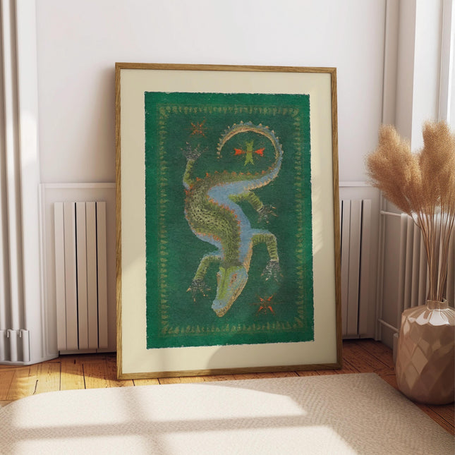 Vintage Crocodile Folk Art Painting Print, Indian Inspired Animal Wall Art, Mythic Reptile Decor, Boho Nature Home Poster, Emerald Green Art