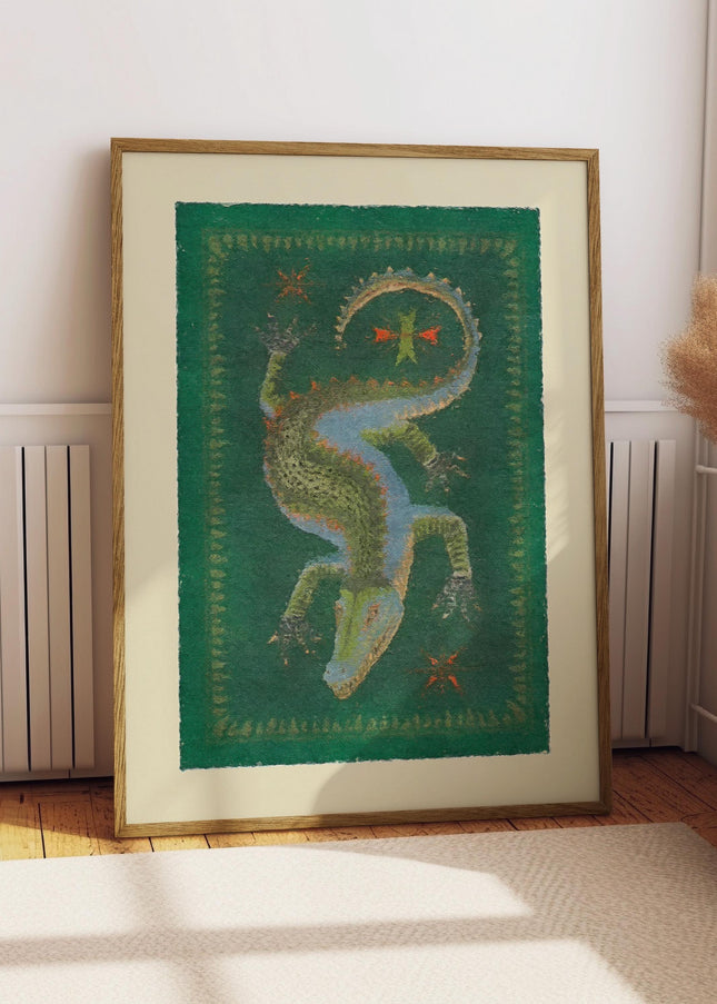 Vintage Crocodile Folk Art Painting Print, Indian Inspired Animal Wall Art, Mythic Reptile Decor, Boho Nature Home Poster, Emerald Green Art