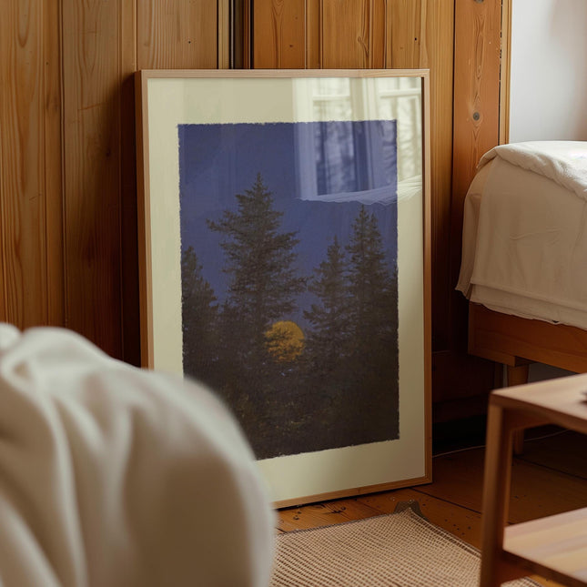 Moonrise Over Forest Wall Art Print, Night Sky Landscape Poster, Moon Oil Painting, Vintage Fine Art Nature Decor, Moody Bedroom Art