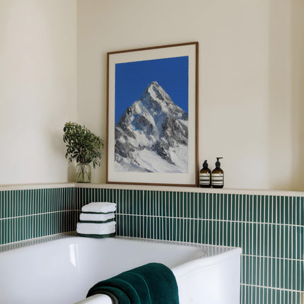 Snowy Mountain Oil Painting Print, Rocky Alpine Landscape Wall Art, Blue Sky Winter Peak Artwork, Large Nature Wall Decor