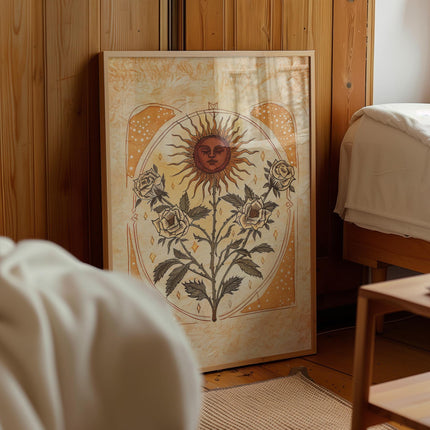 Sun Art Poster Mystical Folk Art Illustration Flowery Spiritual Print Botanical Rose Boho Wall Art Earth Tones Flowery Bedroom Decor