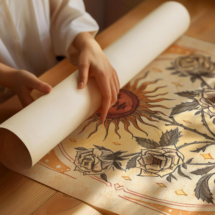 Sun Art Poster Mystical Folk Art Illustration Flowery Spiritual Print Botanical Rose Boho Wall Art Earth Tones Flowery Bedroom Decor