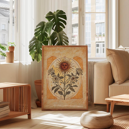 Sun Art Poster Mystical Folk Art Illustration Flowery Spiritual Print Botanical Rose Boho Wall Art Earth Tones Flowery Bedroom Decor