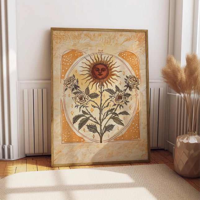 Sun Art Poster Mystical Folk Art Illustration Flowery Spiritual Print Botanical Rose Boho Wall Art Earth Tones Flowery Bedroom Decor