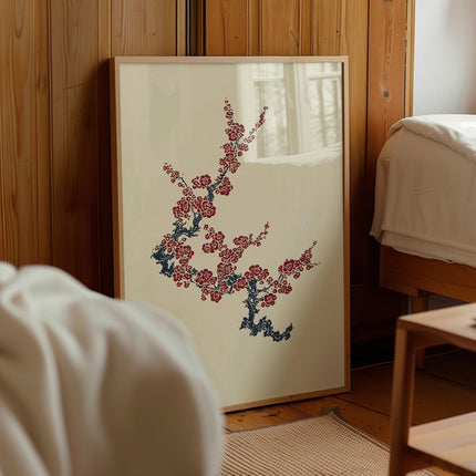 Japanese Sakura Branch Print, Red Blossom Ink Painting, Asian Botanical Wall Art, Japandi Zen Home Decor Poster
