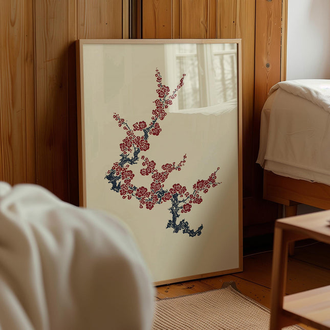Japanese Sakura Branch Print, Red Blossom Ink Painting, Asian Botanical Wall Art, Japandi Zen Home Decor Poster