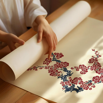 Japanese Sakura Branch Print, Red Blossom Ink Painting, Asian Botanical Wall Art, Japandi Zen Home Decor Poster