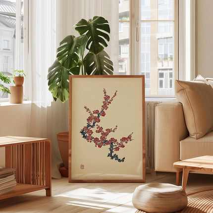 Japanese Sakura Branch Print, Red Blossom Ink Painting, Asian Botanical Wall Art, Japandi Zen Home Decor Poster