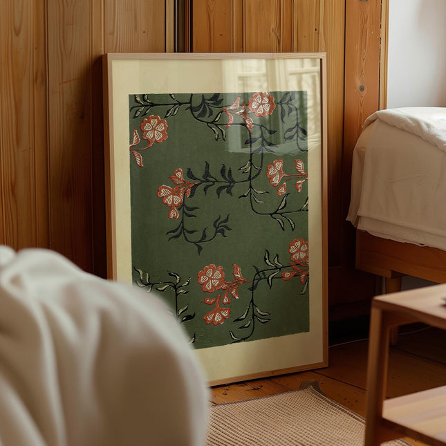Vintage Japanese Floral Pattern Print, Art Nouveau Botanical Wall Art, Sage Green Decorative Design Poster, Elegant Antique Style Home Decor