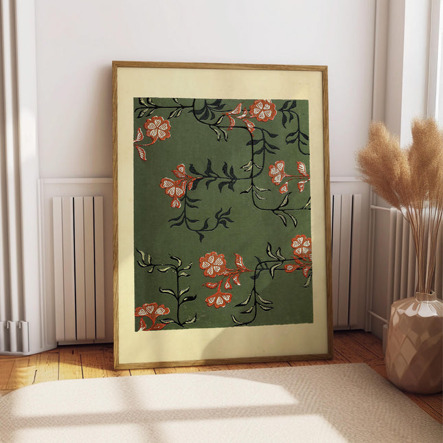 Vintage Japanese Floral Pattern Print, Art Nouveau Botanical Wall Art, Sage Green Decorative Design Poster, Elegant Antique Style Home Decor