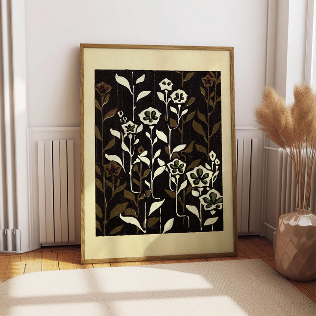 Antique Japanese Floral Panel Print, Shin Bijutsukai Botanical Design, Dark Background Vintage Pattern Art, Historic Decorative Wall Decor