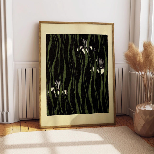 Japanese Woodblock Floral Print, Vintage Green Botanical Pattern Art, Japandi Decor Style, Art Nouveau Inspired Decorative Wall Decor