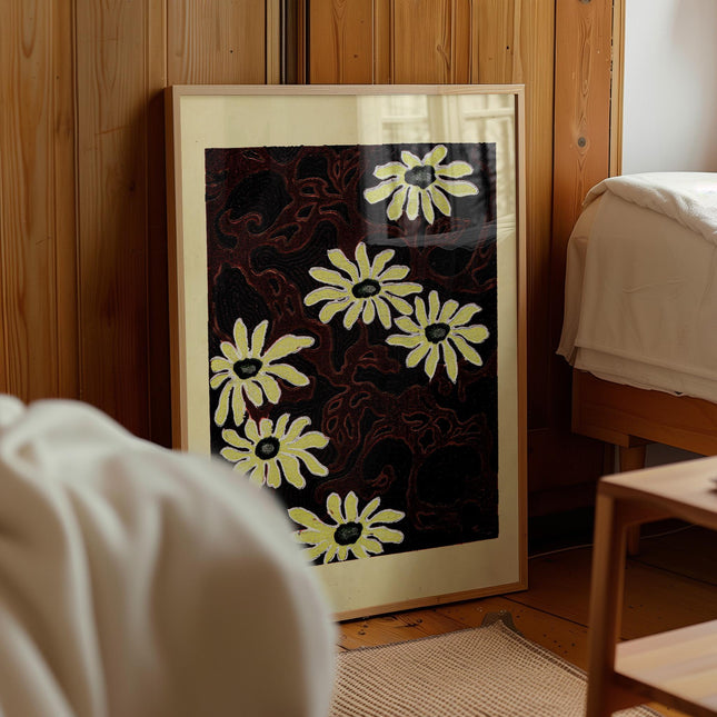 Japanese Woodblock Daisy Print, Vintage Floral Pattern Art, Dark Botanical Wall Decor, Art Nouveau Inspired Poster