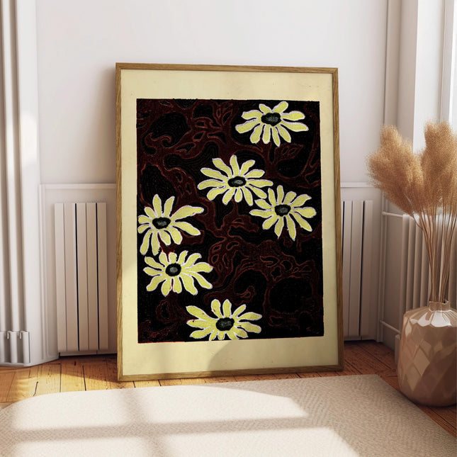 Japanese Woodblock Daisy Print, Vintage Floral Pattern Art, Dark Botanical Wall Decor, Art Nouveau Inspired Poster