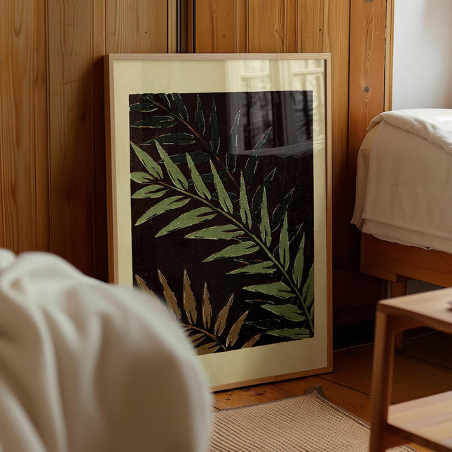 Vintage Fern Wall Art Print, Japanese Woodblock Style Botanical Poster, Green Nature Decor, Japandi Organic Home Aesthetic Art