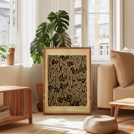 Brown Abstract Woodblock Pattern Print,  Earth Tone Floral Design, Japanese Art Nouveau Style Wall Art, Retro Organic Home Decor