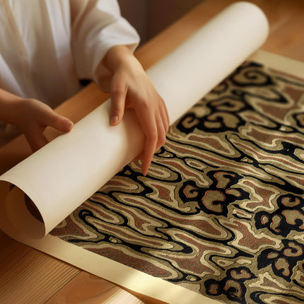 Brown Abstract Woodblock Pattern Print,  Earth Tone Floral Design, Japanese Art Nouveau Style Wall Art, Retro Organic Home Decor