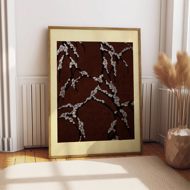 Burgundy Brown Japanese Branch Art Print, Dark Red Woodblock Style Wall Art, Oxblood Floral Pattern Decor, Earthy Vintage Home Aesthetic