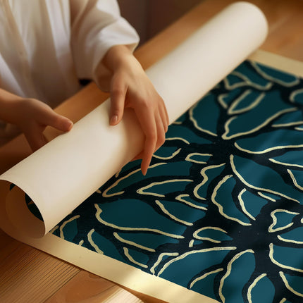 Deep Teal Botanical Art Print, Blue Woodblock Style Floral Wall Art, Modern Organic Pattern Decor, Japandi Home Aesthetic