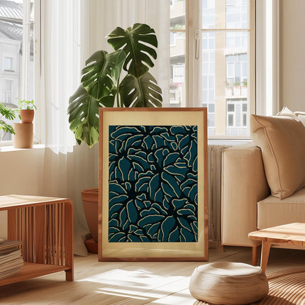 Deep Teal Botanical Art Print, Blue Woodblock Style Floral Wall Art, Modern Organic Pattern Decor, Japandi Home Aesthetic