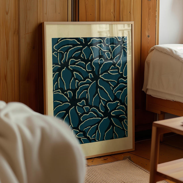 Deep Teal Botanical Art Print, Blue Woodblock Style Floral Wall Art, Modern Organic Pattern Decor, Japandi Home Aesthetic