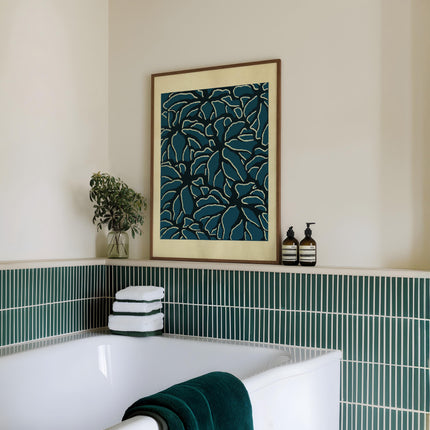 Deep Teal Botanical Art Print, Blue Woodblock Style Floral Wall Art, Modern Organic Pattern Decor, Japandi Home Aesthetic