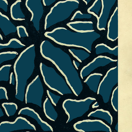 Deep Teal Botanical Art Print, Blue Woodblock Style Floral Wall Art, Modern Organic Pattern Decor, Japandi Home Aesthetic
