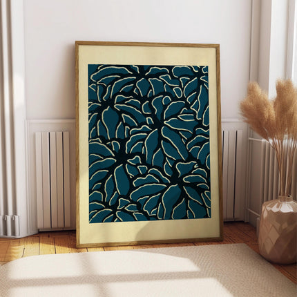 Deep Teal Botanical Art Print, Blue Woodblock Style Floral Wall Art, Modern Organic Pattern Decor, Japandi Home Aesthetic