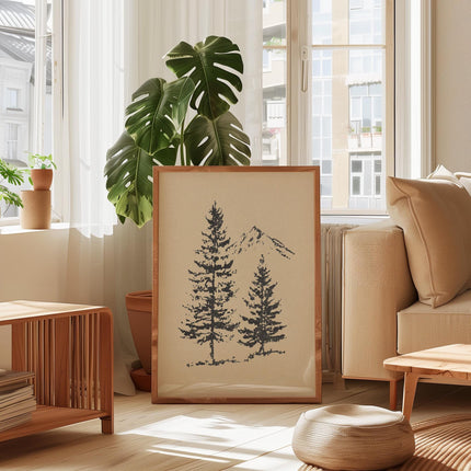 Forest Pine Tree Wall Art Print, Rocky Mountain Landscape Drawing, Minimalist Spruce Tree Poster, Rustic Outdoors Decor
