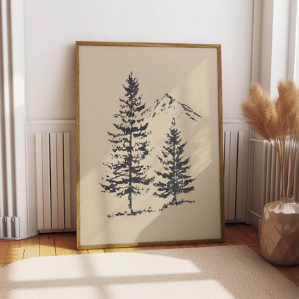 Forest Pine Tree Wall Art Print, Rocky Mountain Landscape Drawing, Minimalist Spruce Tree Poster, Rustic Outdoors Decor